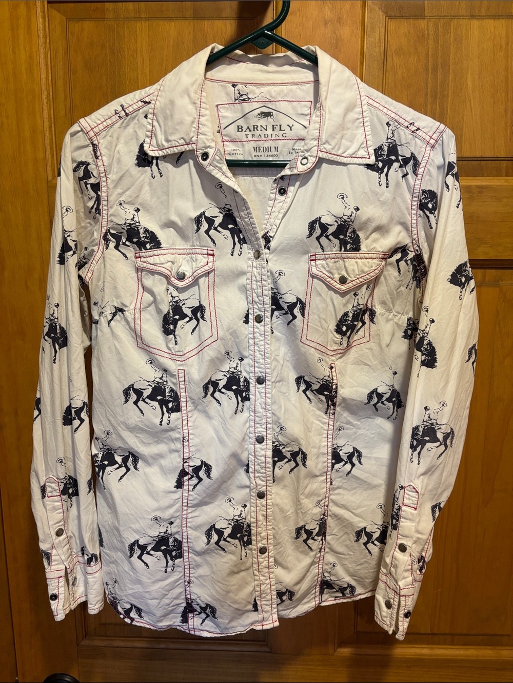 Barn Fly Trading White Western Button-Down Shirt with Navy Blue Rodeo Print